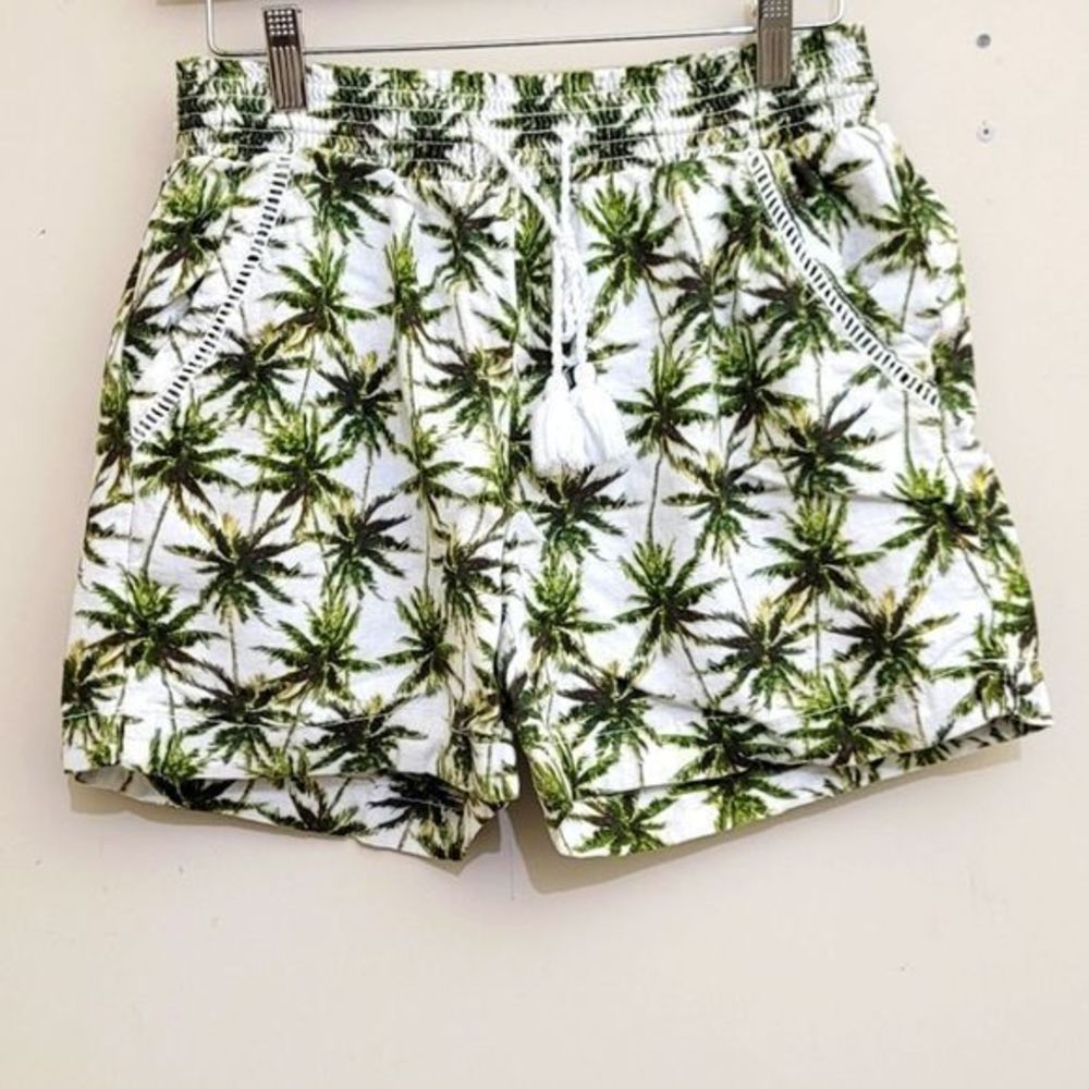 BRIGGS Linen Blend Palm Tree Print Pull On Shorts, sz Medium, Green
